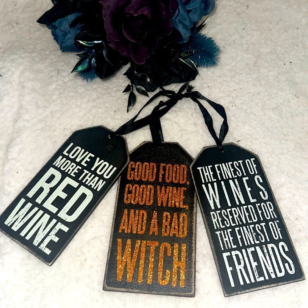 Set of 3 Wooden Wine Bottle Gift Tags Halloween Witchy Witty Sentiments Glitter
